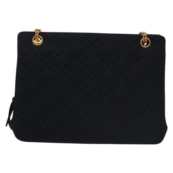 CHANEL Matelasse Chain Shoulder Bag cotton Navy Gold CC Auth - Picture 3 of 16